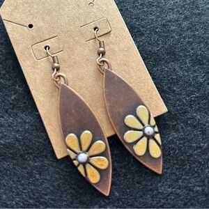 Handcrafted Copper Teardrop Earrings with Yellow Flower Accent